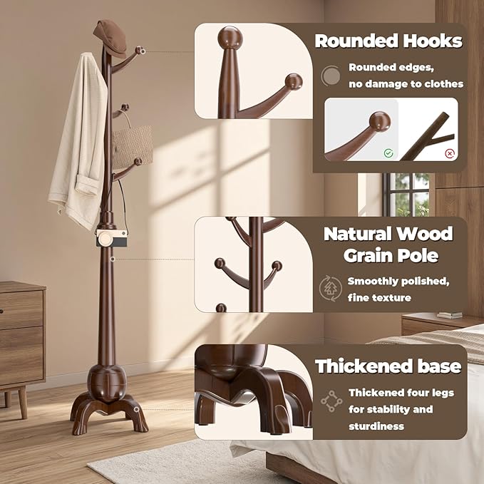 Wood Coat Rack Freestanding, Solid Wooden Hall Tree with 8 Hooks, Coat Tree Freestanding Heavy Duty with Stable Base, Entryway Hallway Bedroom Office Use, 240lbs Load Capacity H:71.6in (Natural)