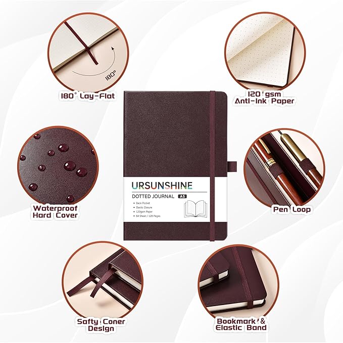 Dotted Journal/Notebook - Dot Grid Hard Cover Notebook, Premium Thick Paper with Fine Inner Pocket, Black Smooth Faux Leather, Pen Loop, 5.3'' x 8.26'' - Brown