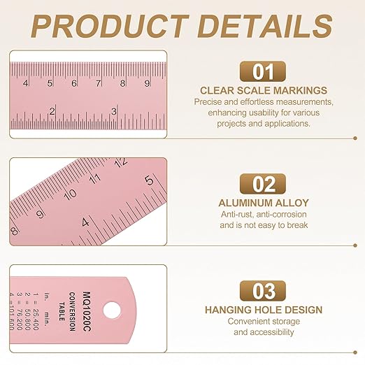 HARFINGTON 2pcs Metal Straight Ruler 20cm Metric SAE Aluminum Alloy Measuring Rulers Scale Tool with Hole for Measure Study Reading Classroom Office, Pink