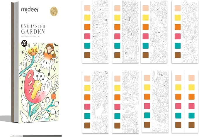 MiDeer Watercolor Painting Book for Kids Ages 4-8, Pocket Watercolor Painting Book Arts and Crafts for Toddlers, Travel Activities Paint with Water Coloring Book Set for Kids 3-8 (Enchanted Garden)