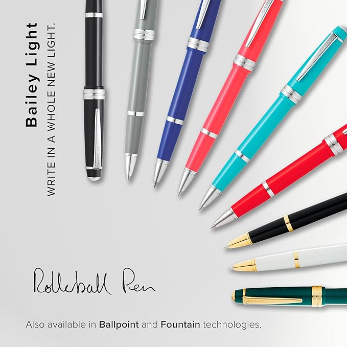 Cross Bailey Light Refillable Rollerball Pen Presented in a Everyday Gift Box - Medium Point, Black Ink, Polished White