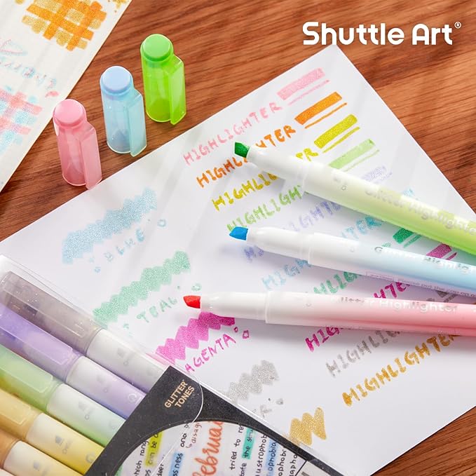 Glitter Highlighters, Shuttle Art 10 Sparkle Colors Chisel Tip Fluorescent Markers, Quick-Dry Non-Toxic Aesthetic Shimmer Highlighter Pens for Kids Teens Adults, Perfect for School Office Art Supplies
