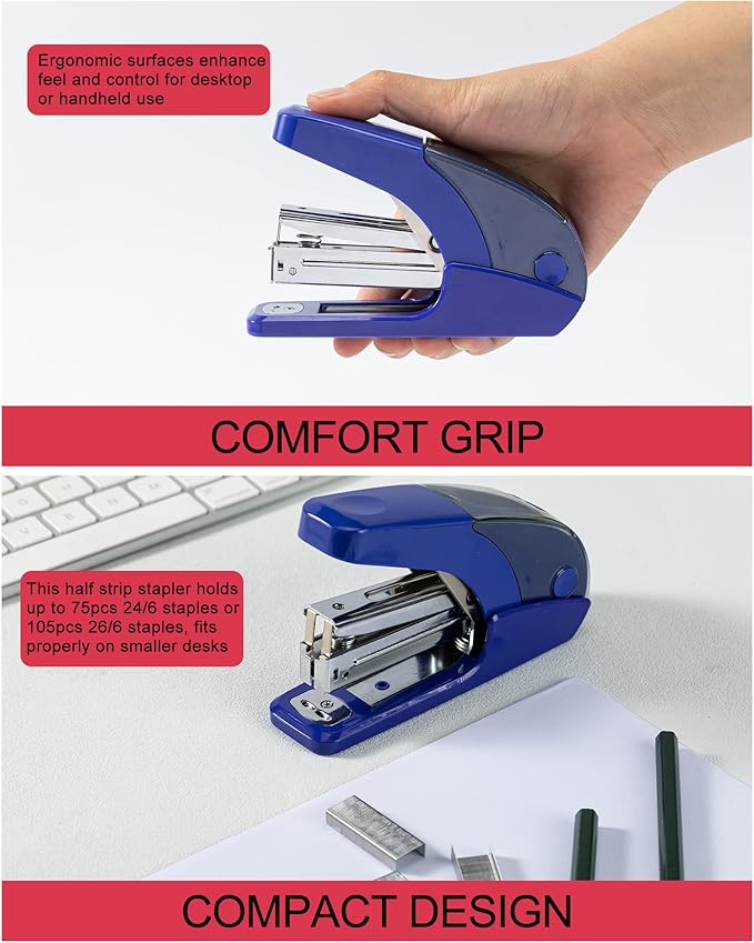 PAPERPAL Effortless Standard Stapler Set, 20 Sheet Capacity, Half Strip, Built-in Staples Storage, Holds 1/4" Staples, Includes 1000 Staples and A Staple Remover, Office, School & Daily Use, Dark Blue