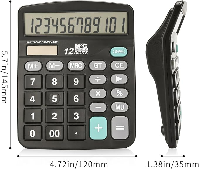 M&G Desk Calculator 12 Digit Office Calculators with Large LCD Display, Dual Solar Power and Battery, Recessed Big Button Calculator for Office Home School (Black)