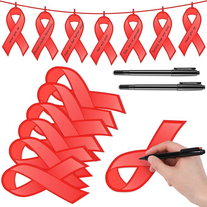 Kosiz 100 Pack Large Red Ribbon Awareness Set 100 Red Ribbon Week Cutouts Drug Free Heart Disease HIV Aids Awareness Items 2 Marker Pens 100 Wooden Clips with Rope for Public Charity Party Supplies