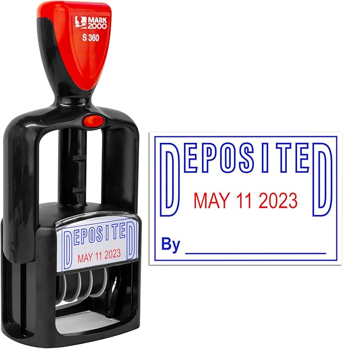 Self-Inking Rubber Date Office Stamp with Deposited Phrase - Blue Ink & Date Red Ink - 12-Year Band