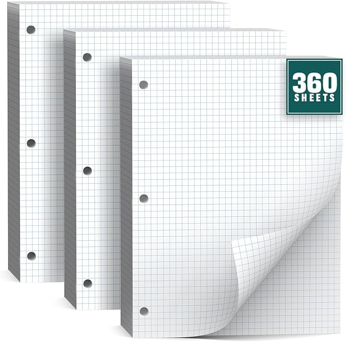 360 Sheets Quad Ruled Graph Paper, 3 Hole Punch Paper 8 x 10.5 White, Loose Leaf Graph Paper,Filler Paper 4 x 4 Graph Rule, Notebook Paper for 3 Ring Binder, Engineering Paper for School Home Business