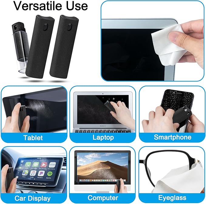 walrfid 3 Pack Screen Cleaner, Car Screen Cleaner Spray and Wipe, Computer Laptop Cleaning Kit for Electronic iPad, iPhone, Cellphone, Monitor, MacBook, Car Display, Tablet, TV Flat Screens, Black