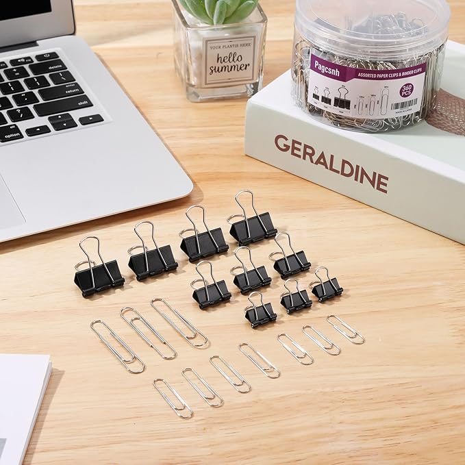 360 Pcs Binders & Paperclips Assorted Sizes with Container, Silver Paper Clips & Black Binder Clips Office Supplies, Paper Clamps for Office, Home, School