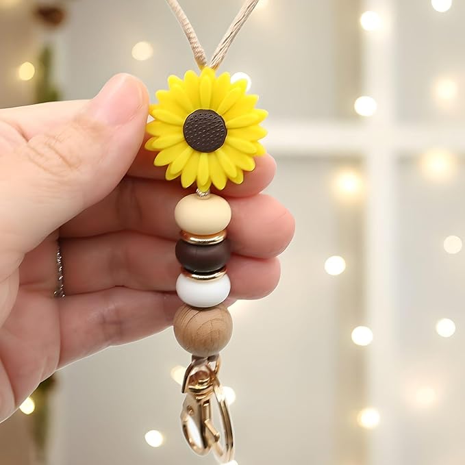 Flower Teacher Lanyards ID Badge and Key Chain, Cute Silicone Beads Lanyard for Women Nurse Work Student (Sunflower)