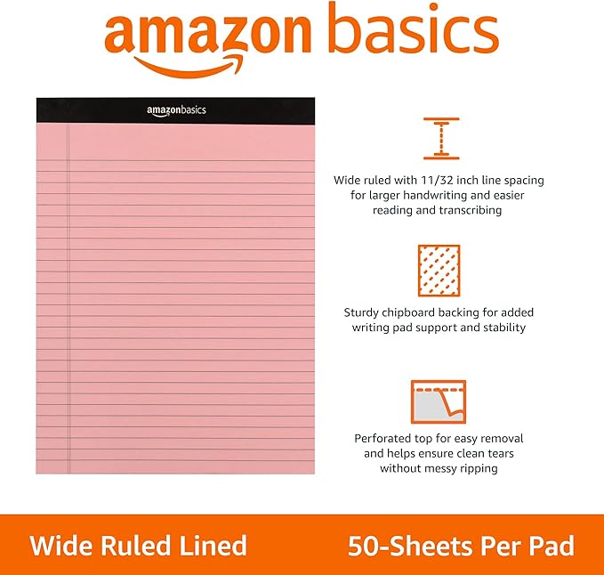 Amazon Basics Wide Ruled 8.5 x 11.75-Inch 50 Sheet Perforated Lined Writing Note Pads, Pack of 6, 300 Count, Multicolor