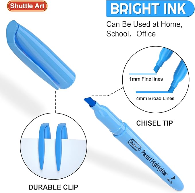 Shuttle Art Highlighters, 15 Colors Pastel Highlighter Pens Assorted Colors, Chisel Tip Dry-Quickly Non-Toxic Highlighter Markers for Adults Kids Highlighting in the Home School Office