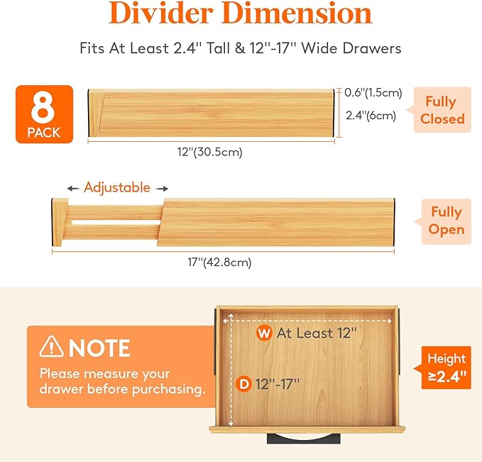 Lifewit 8 Pack Drawer Dividers Bamboo 2.4" High, 12-17" Adjustable Drawer Organizers for Clothes, Wooden Dresser Separators in Bedroom/Bathroom/Kitchen/Fridge/Office Organization and Storage