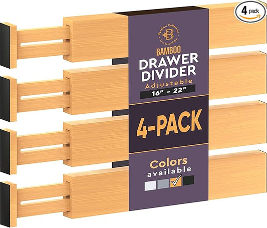 4 Pack Drawer Dividers Bamboo 2.6" High, 16-22" Adjustable Drawer Organizers for Clothes, Expandable Dresser Separators in Bedroom/Bathroom/Kitchen/Office Organization and Storage (Natural)