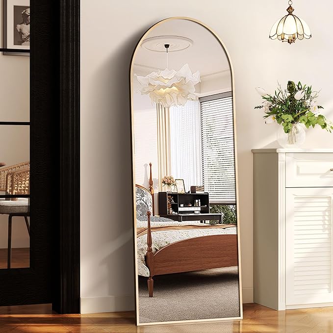 Arched Full Length Mirror, 58" x 18" Floor Mirror with Stand – Shatterproof Tempered Glass, Modern Aluminum Frame, Multi-Mount for Bedroom, Living Room, Gym, Gold
