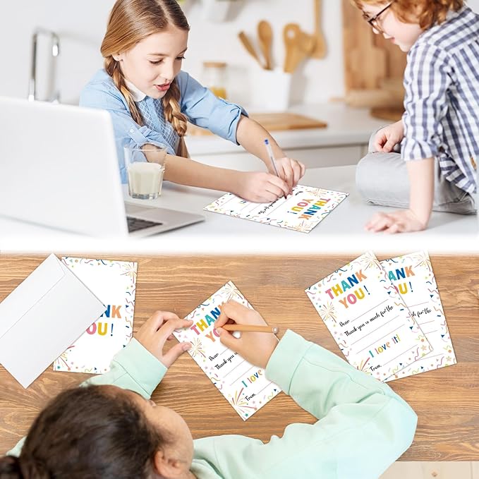 Colorful Confetti Kids Thank You Cards Fill in the Blank with Envelopes, Thank You Notes Kids Thank You Cards 20 Card Set for Boys or Girls (4 * 6 inches) -03