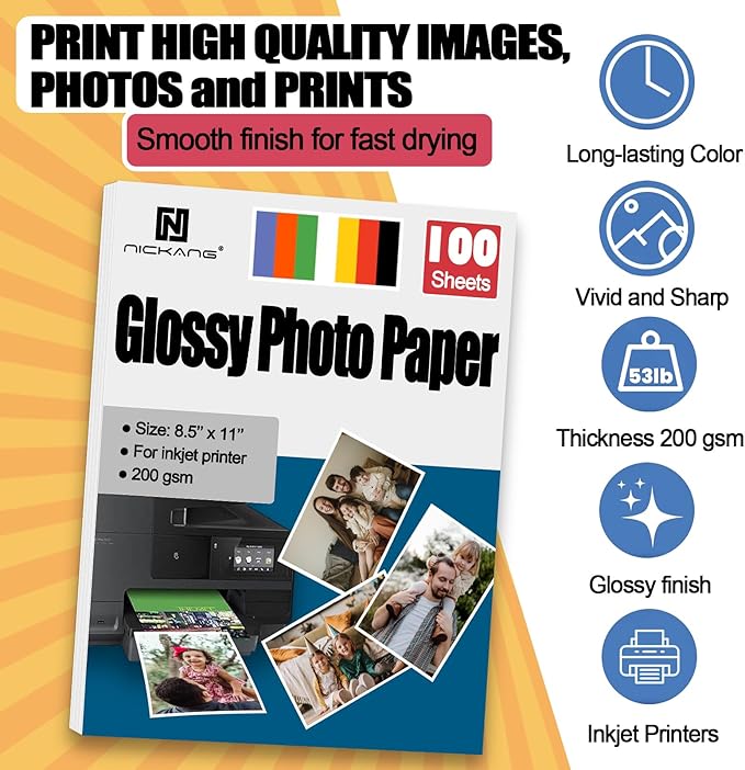 Photo Paper, Glossy Photo Paper 8.5x11, 53 LB/200 gsm, Letter Size, 100 Sheets Bulk, Photo Printer Paper, Picture Paper for Inkjet Printer