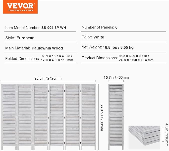 VEVOR Wood Room Divider, 6 Panel Wood Folding Privacy Screen, 66.9 Inches Tall Indoor Louvered Wooden Partition, Portable Decoration Screen, for Room Separation, Home, Office, Restaurant & Bedroom