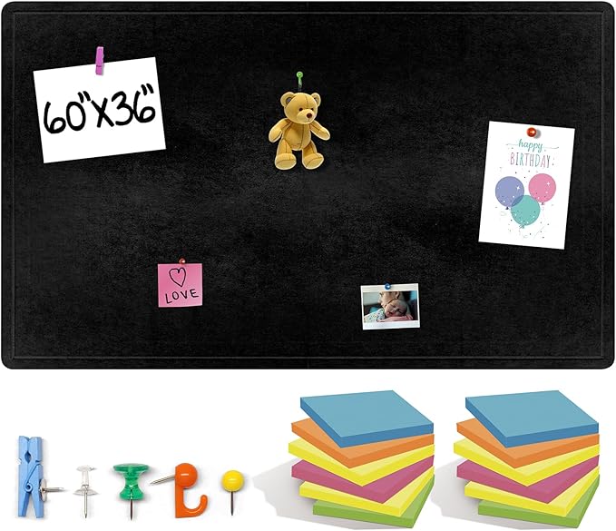 Large Bulletin Board 60 x 36 Inches - Foldable Felt Bulletin Board for Wall, Cork Board Alternative with 100 Color Pins & 12 Note Pads, Vision Board - Black