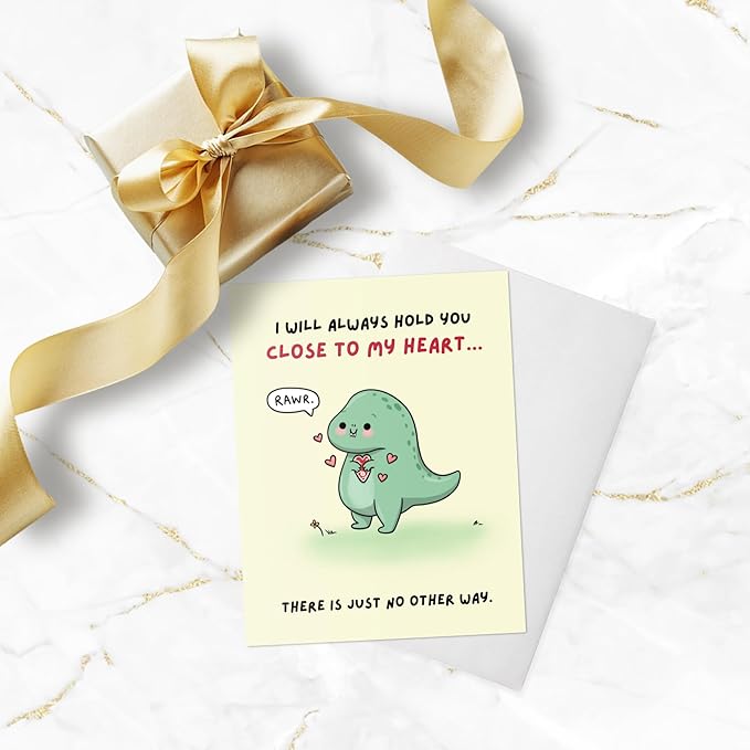 ALY LOU Anniversary Card for Her Him/Girlfriend Wife/Husband Boyfriend, Friendship Thank You Birthday Kawaii Greeting Card (Close to heart (t-rex))
