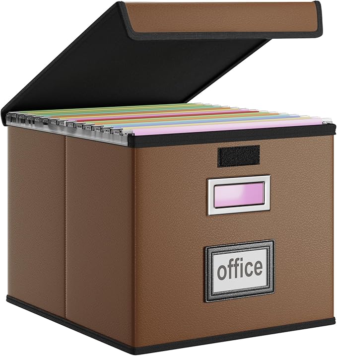 Huolewa Faux Leather File Organizer Box with Lid, Collapsible Hanging File Folder Box Organizer with Plastic Slides, Decorative Home/Office Filing System Boxes for File and Folder Storage-Brown