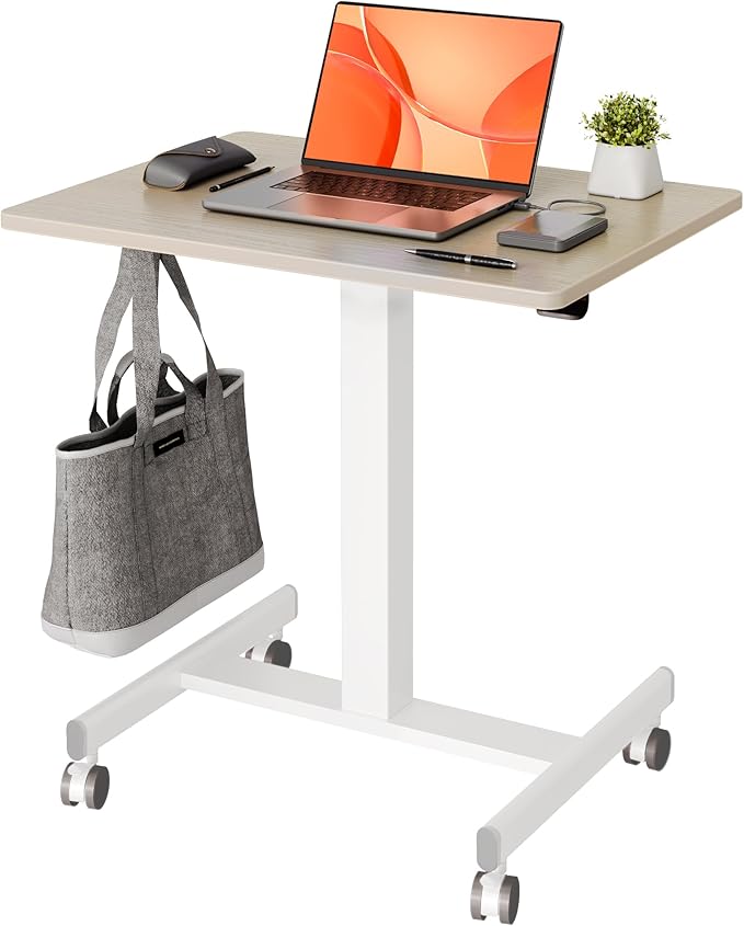 Mobile Standing Desk, Small Rolling Standing Desk, Mobile Desk Workstation with Wheels, Pneumatic Mobile Laptop Desk for Home Office with Hook, Natural