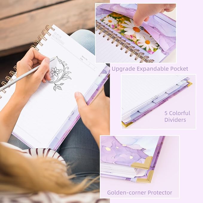 A4 Spiral Notebooks for Work, 300 Pages Lined Spiral Journal Notebook, 5 Subject College Ruled Journals for Writing, 11”x9.25''Journaling Notebooks for School Office Supplies (Purple Marble)
