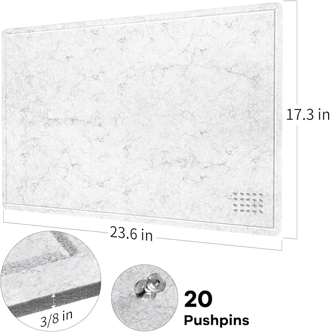 Bulletin Board, 24 x 18 Inches Felt Decorative Pin Board, Cork Alternative for Wall, Foldable Photo Self-Adhesive Vision Mood Board With 20 Pushpins - Marble White