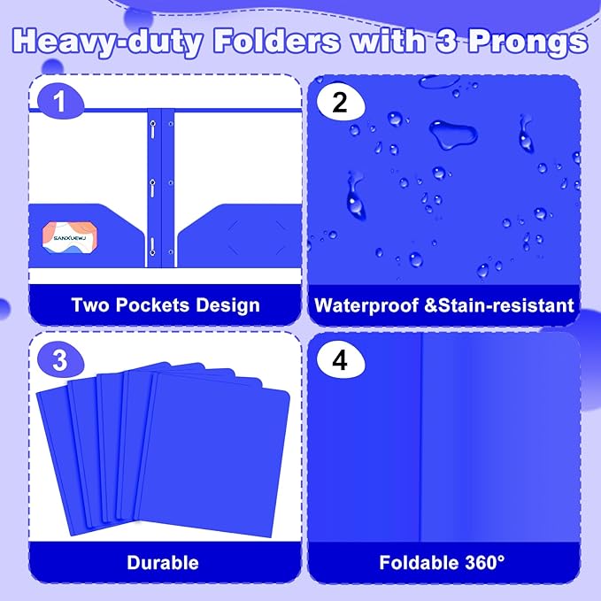 30 Pack Two Pocket Folders Business Card Holder Plastic Folders with Prongs for School Office Filing Cabinet Resume Portfolio (Blue)