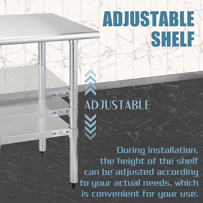 Hally Stainless Steel Table for Prep & Work 14 x 36 Inches, NSF Commercial Heavy Duty Table with Undershelf and Galvanized Legs for Restaurant, Home and Hotel