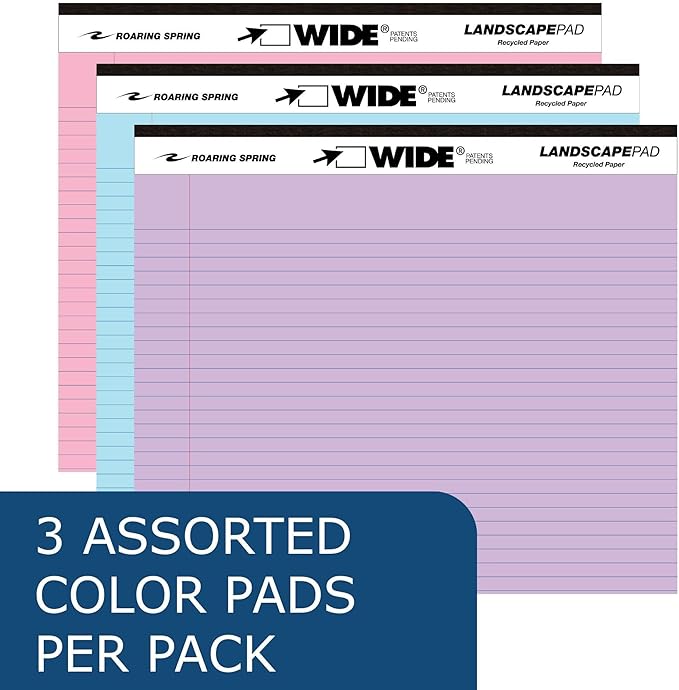 Roaring Spring Case of 12 Packs of 3 Landscape Note Pads, 11"x9.5", 40 sheets 16# Recycled pastel Paper Per Pads, 3 Assorted Colors, College Ruled