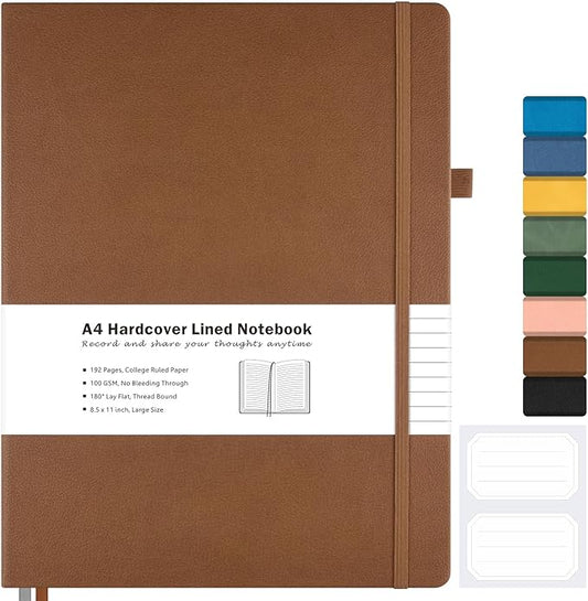 College Ruled Notebook, A4 Hardcover Leather Notebook for Work, Lined Notebook Journal for Women, Men, 192 Thick Paper, 8.5" x 11", Large Notebook with Pockets, Professional Business Notebook, Brown