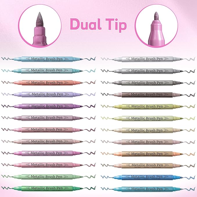 24 Pack Metallic Markers, Dual Tip Glitter Pens for Black Paper & Rock Painting Metallic Acrylic Paint Markers for DIY Crafts, Scrapbooking, Glass, Wood, Cards Alcohol Based Quick Dry Ink