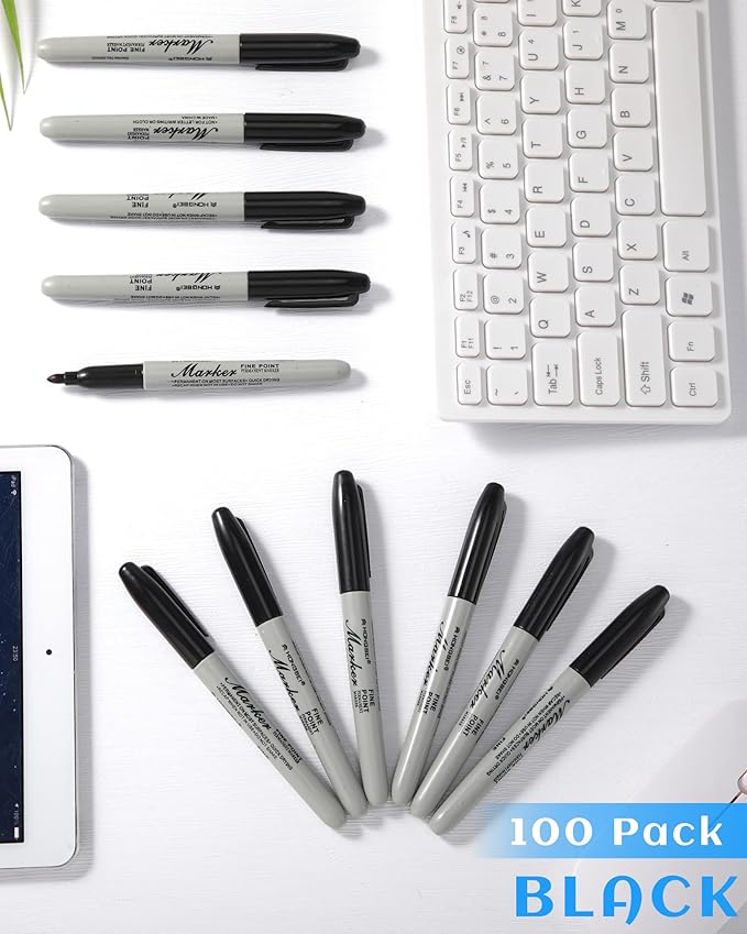 Thenshop 100 Pack Permanent Markers Bulk Black Permanent Marker Set Fine Point Pens Work on Wood, Metal, Stone, Glass