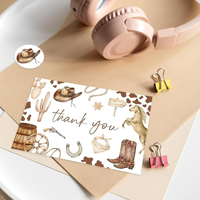 24 Pack Western Cowboy Thank You Cards Brown Cowboy Hat Boots Horse Note Cards with Envelopes Stickers Greeting Blank Cards for Birthday Baby Shower