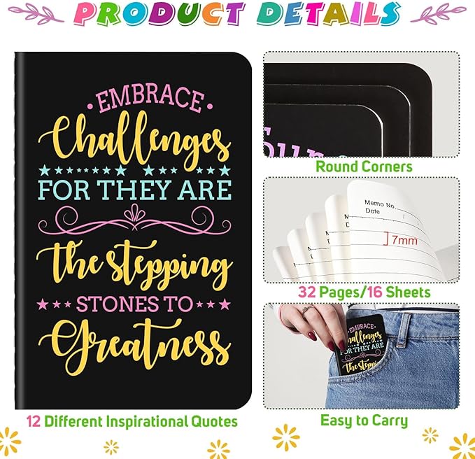 24 Pcs Mini Inspirational Notebooks Bulk with 24 Pcs Colorful Pens, Small Pocket Journal Notepads Set, Motivational Bulk Gifts for Women Men Teacher Student Kids, Fun School Office Supplies,3.5"x5.5"