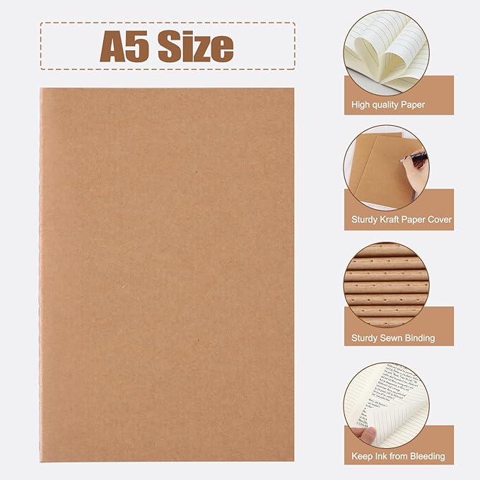 EOOUT 48 Pack A5 Lined Kraft Notebooks, Travel Journals Bulk 8.3x5.5in College Ruled Subject Notebooks 30 Sheets 60 Pages for Writing School Office Supplies
