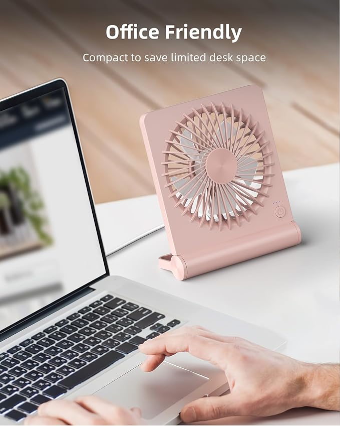 Koonie USB Fan, Strong Wind Ultra Quiet Small Desk Fan 220° Tilt Folding 3 Speeds Adjustable USB-C Corded Powered Personal Fan for Home Office Desktop Pink