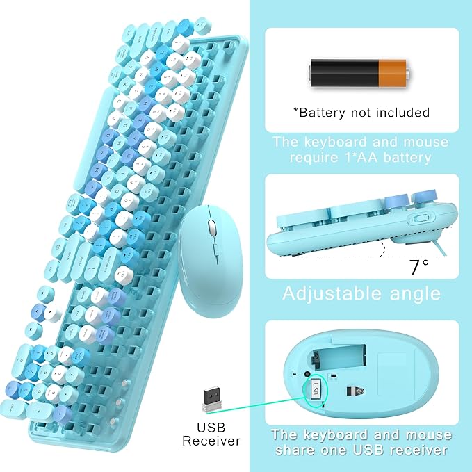 Colorful Wireless Computer Keyboard and Mouse Combo with Round Typewriter Keycaps, Retro Design, Power Switch, Ergonomic Design, 2.4GHz Wireless for Windows, Mac, PC (Blue-Colorful)