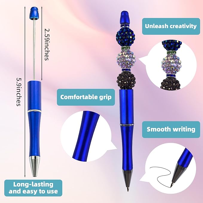 15 Pieces Beadable Pens - Beaded Pens Plastic Diy Black Ink Ballpoint Pens Bulk - Bead Pens Suitable For Teacher, Students, Office, School, Graduation Gift Supplies（Blue）