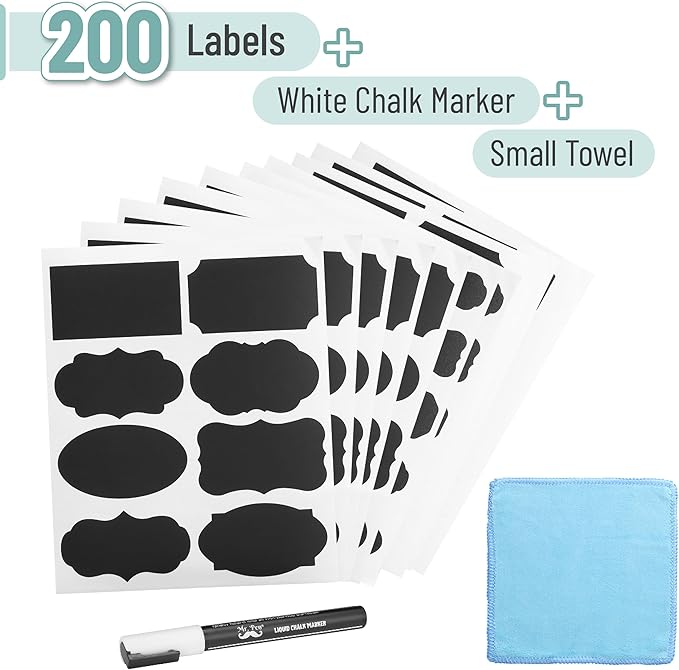 Mr. Pen- Chalkboard Labels, 200pc, Assorted Shapes, 1 White Chalk Marker and Small Towel, Labels, Label Stickers, Labels for Storage Bins, Sticker Labels, Bottle Labels, Food Labels, Jar Labels