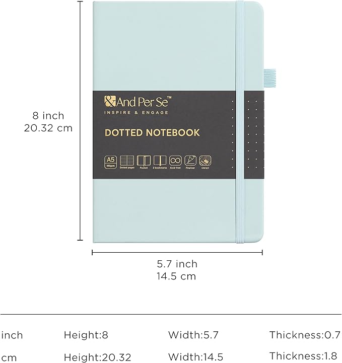 &And Per Se Bullet Dotted Journal Notebook, A5 Leather Hardcover, 176 Numbered Pages 100GSM Thick Dotted Paper, 2 Sheets of Stencils Included - 5.7'' x 8'' (Cyan)