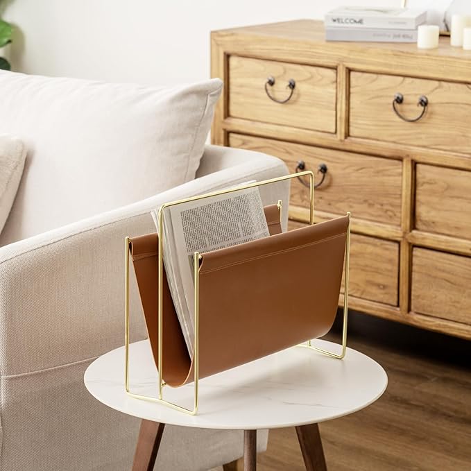 MyGift 15-Inch Modern Brown Leatherette & Brass Plated Metal Magazine Holder – Floor Standing Faux Leather Sling Style Newspaper Rack for Home, Bathroom, Office Decor