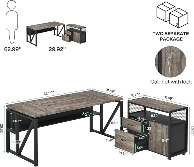 Tribesigns Office Desk with Drawers Sets, 63 inches L Shaped Executive Desk with Mobile File Cabinet for Home Office Furniture Sets (Dark Oak, 63-inch)