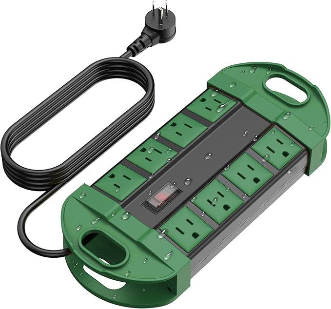 CCCEI Outdoor Power Strip Weatherproof with 8 Plug, Waterproof Extension Cord with Multiple Outlets, Christmas Exterior Garden Yard Surge Protector 15FT, Green.