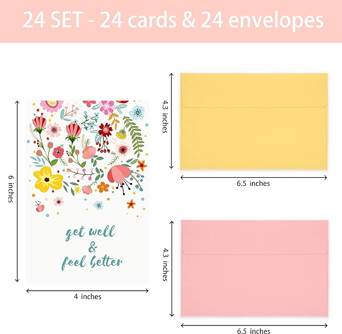 24 Pack Floral Get Well Cards with Self-adhesive Envelopes, 4"x6" Boxed Prefilled Greeting Note Cards to Friends, Relatives or Loved One, 24 Unique Designs