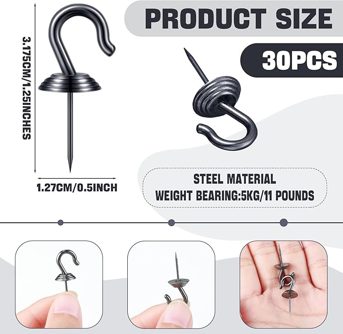 Hotop 60 Pieces Push Pin Wall Hooks Metal Thumb Tack Hangers Iron Alloy Nail Decorative Picture Hooks for 20 Lbs Home Office School Party Supply (Black)