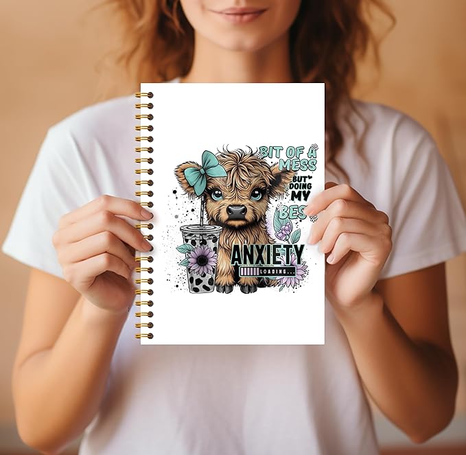 Bit of a Mess Anxiety Funny Highland Cow Notebook - Western Cow Notebook, Highland Cow Office Supplies, Highland Cow Gifts, Cow Lover Gifts, Cute Cow Stuff, Cow Spiral Notebook 5.5x8.3