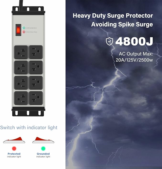 CCCEI 2PCS Heavy Duty Power Strip Surge Protector 20 AMP, 8 Outlets 12 Gauge Industrial Shop Garage Metal Multiple Outlets, 6 FT Extension Cord 5-15P Adapter High Amp 6-20R T-Slot 20a for Appliance