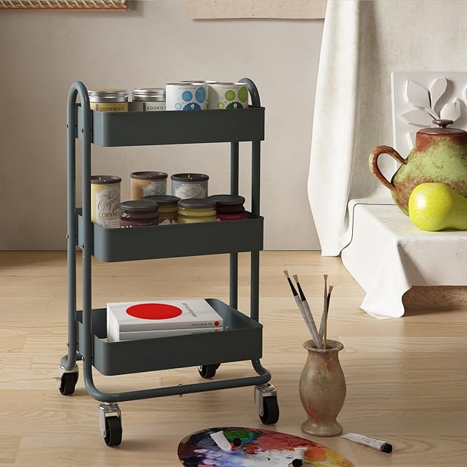 3-Tier Rolling Metal Storage Organizer,Mobile Utility Cart,Kitchen Storage Carts with Caster Wheels,Rolling Utility Cart Suitable for Office,Home,Kitchen,Garden（13.4"x18.1"x31"） Dark Grey